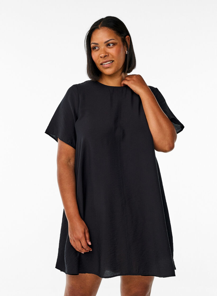 A-line viscose dress with short sleeves, Black, Model image number 0