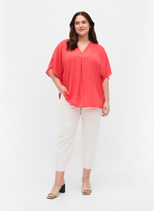V-neck blouse with batwing sleeves, Hibiscus, Model image number 2