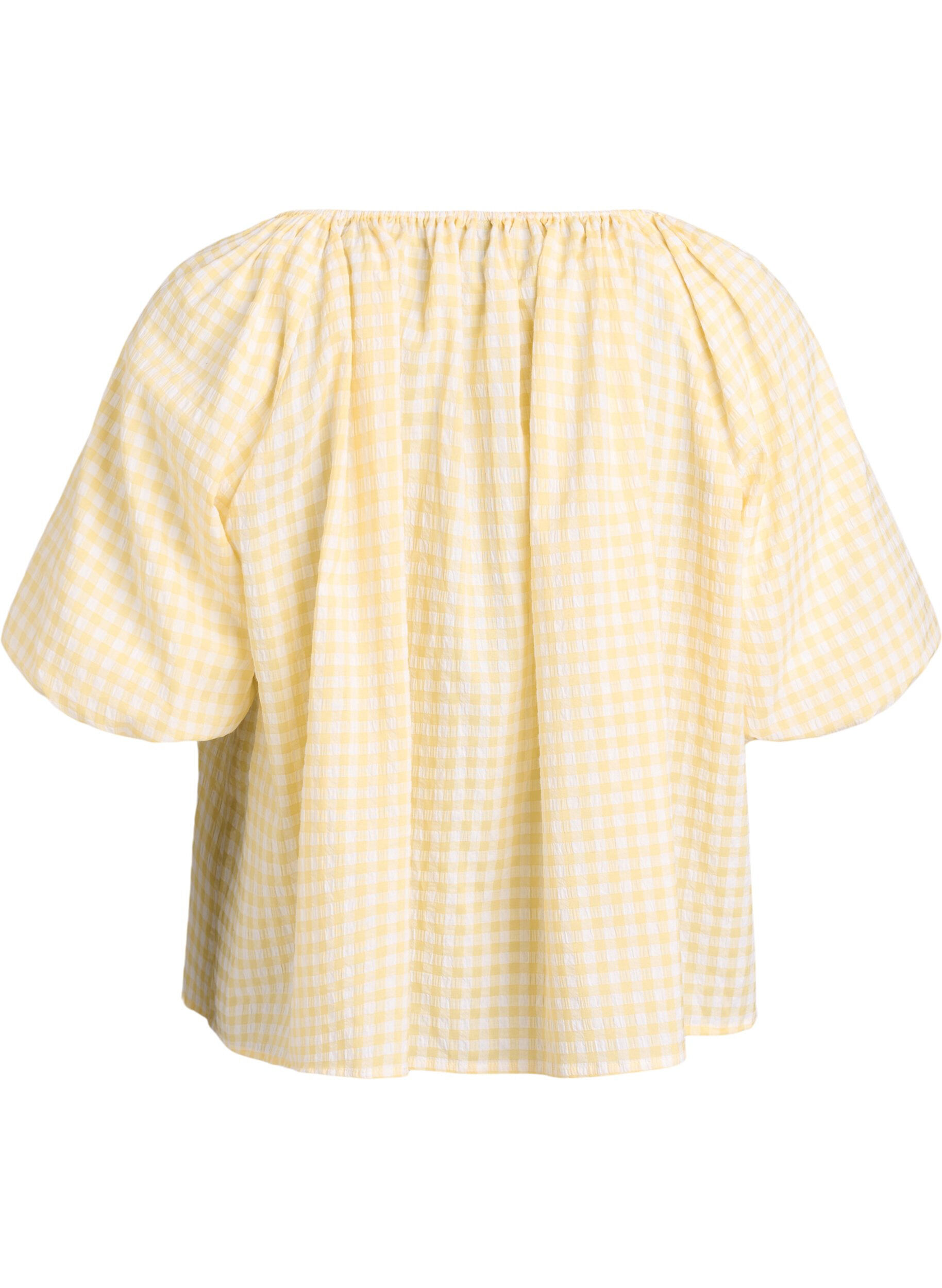 ZizzifashionSmall check blouse with an elasticated neckline and elbow-length sleeves, Yellow, Packshot image number 1