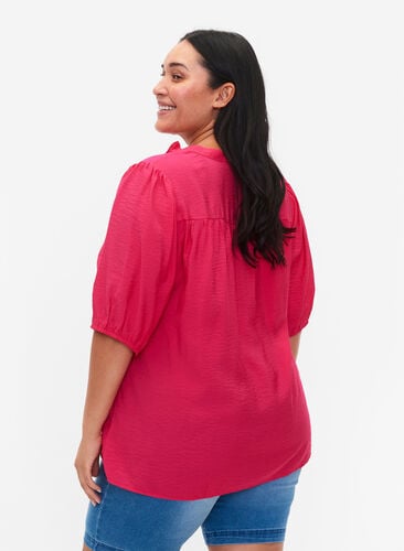 Viscose blouse with puff sleeves and ruffles, Bright Rose, Model image number 1