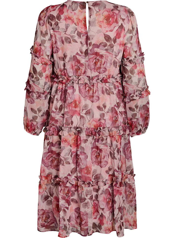 Floral midi dress with ruffle details and sheer sleeves, Rose, Packshot image number 1