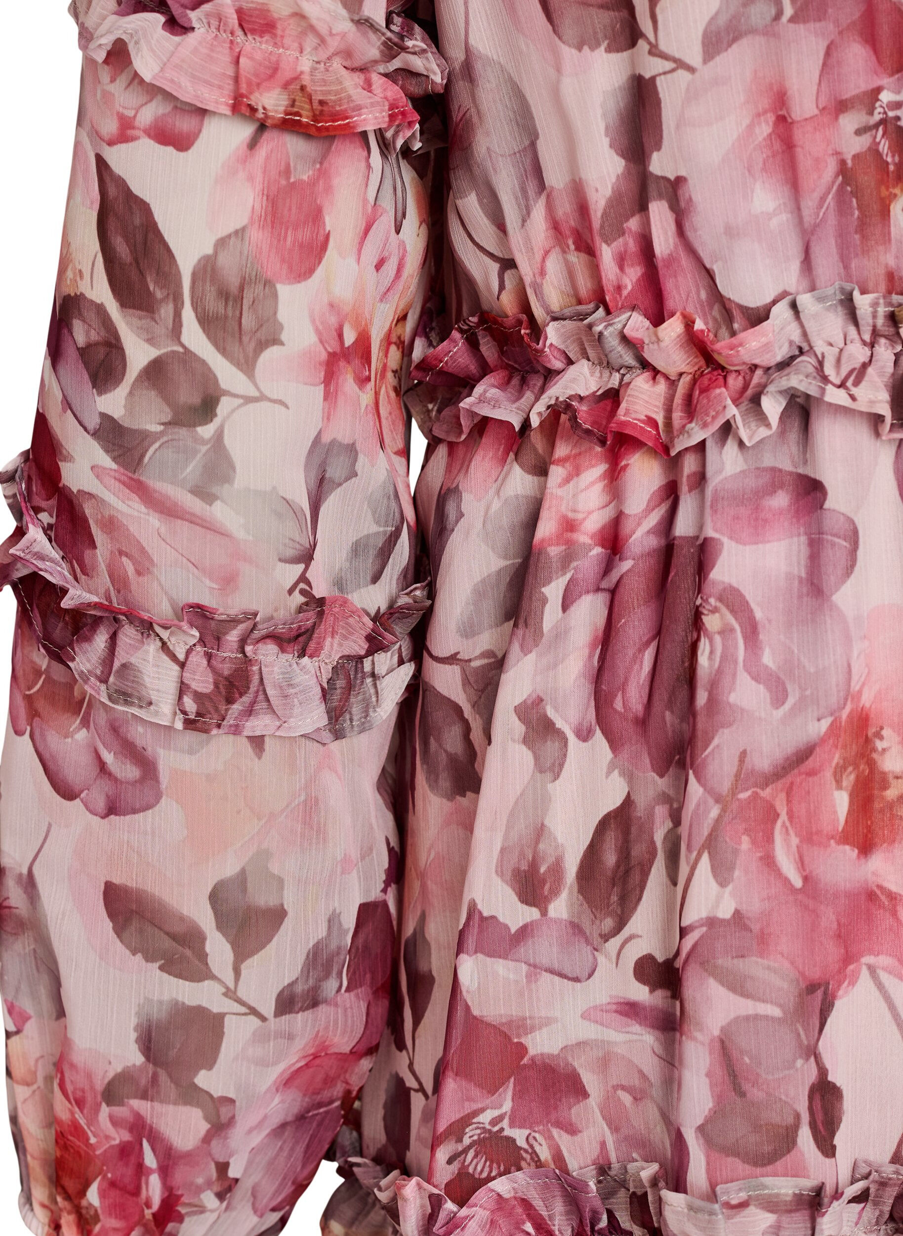 Zizzifashion Floral midi dress with ruffle details and sheer sleeves, Rose, Packshot image number 3