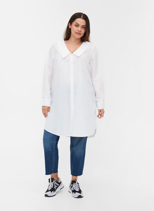 Long cotton shirt with big collar, Bright White, Model image number 2
