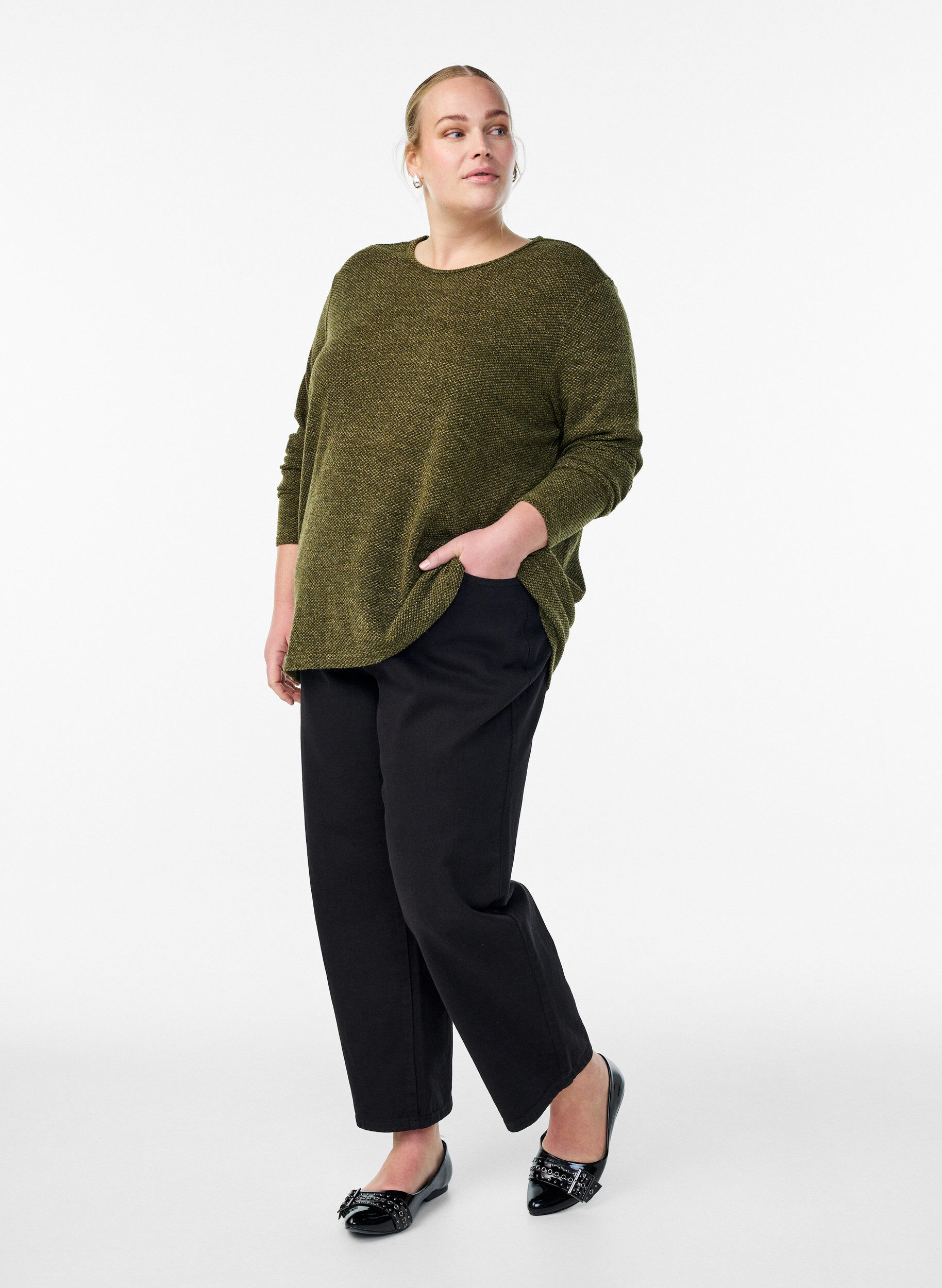 ZizzifashionLong-sleeved blouse with texture, Green, Model image number 1