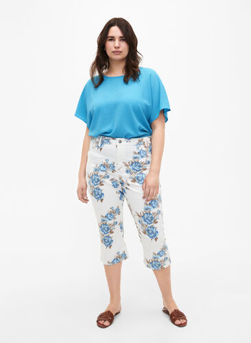 Amy high waist capri jeans with floral print, White B.AOP, Model image number 0