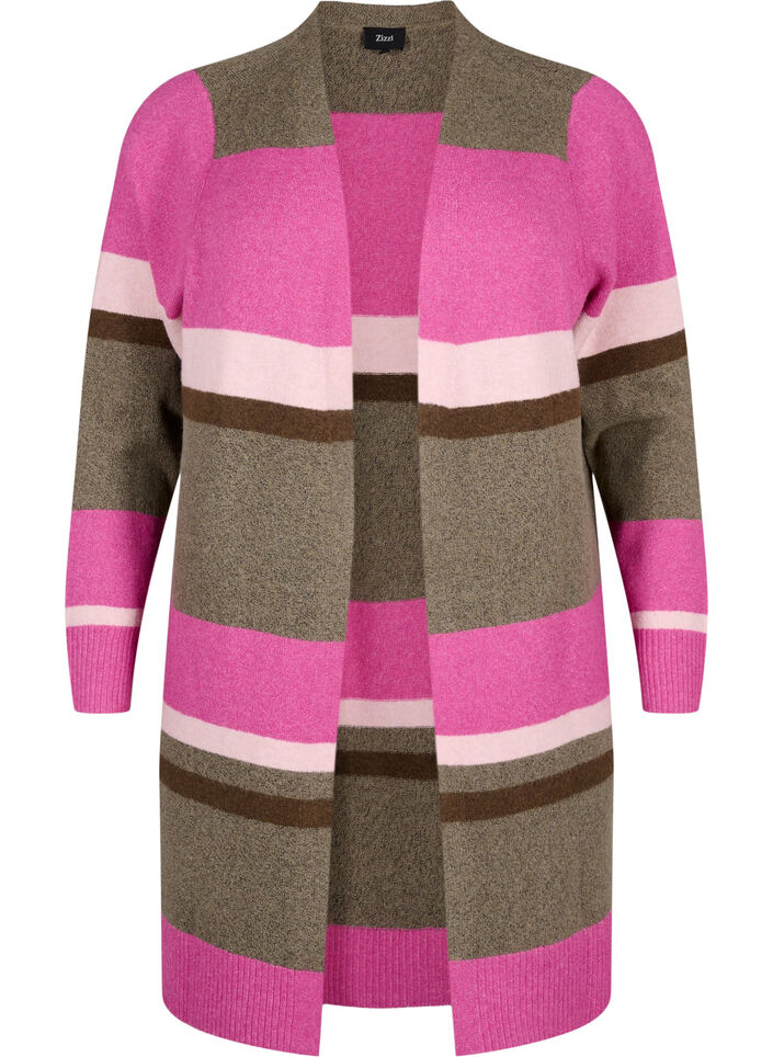 Long knit cardigan with wide stripes, Pink, Packshot image number 0