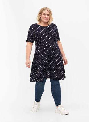 Solid cotton dress with short sleeves, Night Sky Dot, Model image number 2