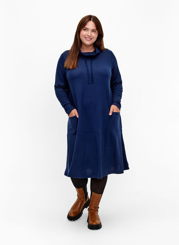 Jersey dress with high neck and pockets, Dress Blues Mel., Model image number 2