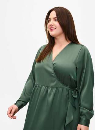 Long sleeve satin wrap dress, Duck Green, Model image number 2