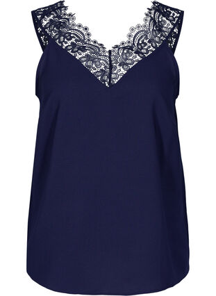 Sleeveless top with v-neck and lace, Navy Blazer, Packshot image number 0
