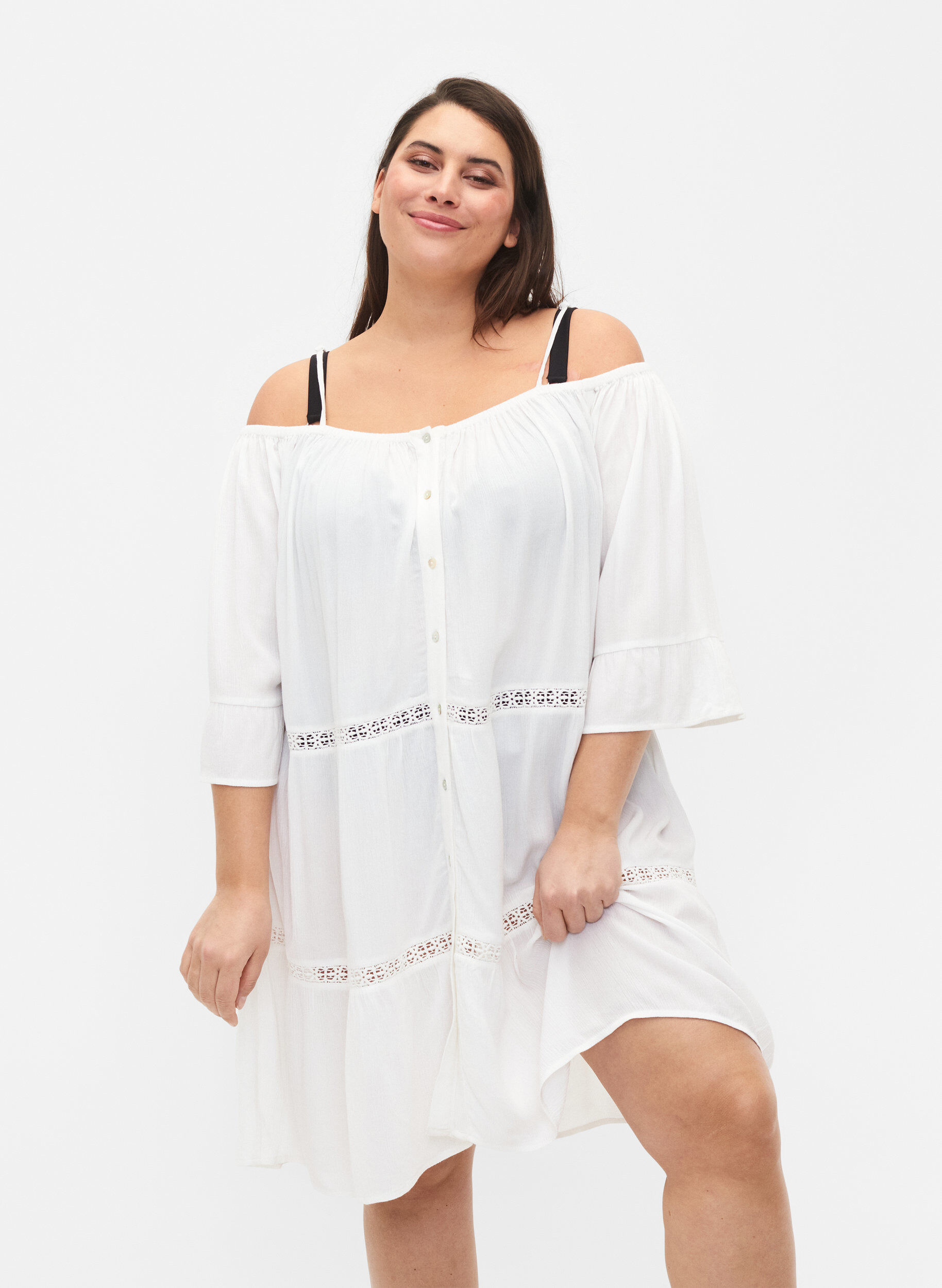 Zizzifashion Beach tunic with off-shoulder, White, Model image number 0