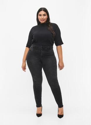 High-waisted Amy jeans with rhinestones, Grey Denim, Model image number 0