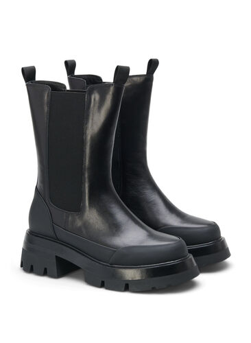 Wide fit leather boot with chunky sole, Black, Packshot image number 1