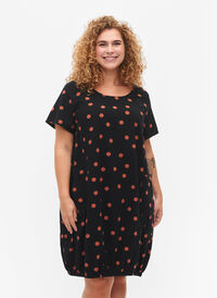 Short-sleeved, printed cotton dress, Black/Brown Dot, Model
