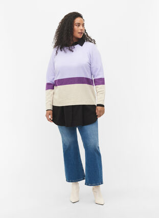 Striped knitted jumper with round neckline, Lavender Comb, Model image number 2