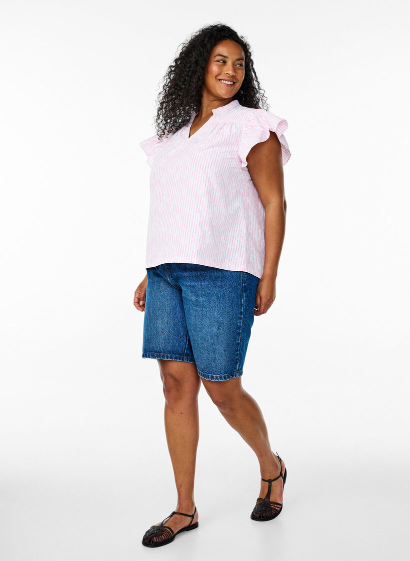 Sleeveless blouse with stripes and floral print, Pink, Model image number 1