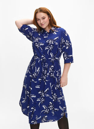 FLASH - Shirt dress with floral print, Navy Blazer Flower, Model image number 0