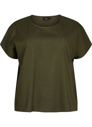 Short-sleeved blouse in cotton blend with linen, Forest Night, Packshot image number 0