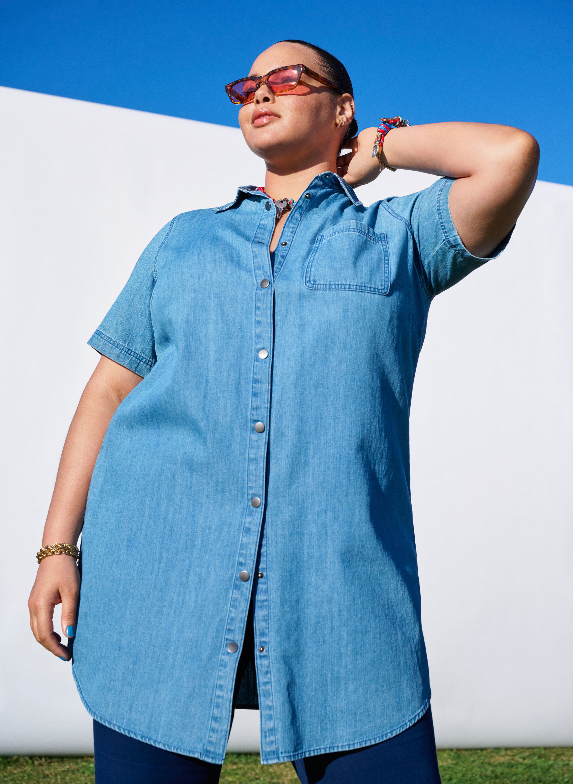 ZizzifashionDenim shirt dress with short sleeves, Light Blue, Image image number 0