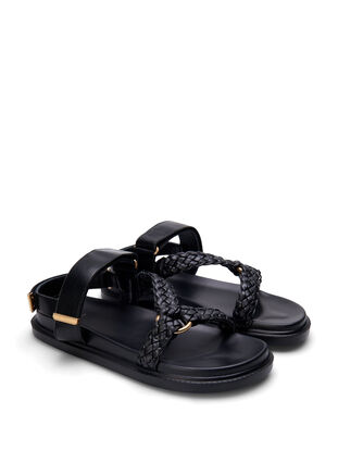 Leather sandal with braided straps and wide fit, Black, Packshot image number 1