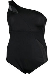 One-shoulder swimsuit with mesh details, Black, Packshot