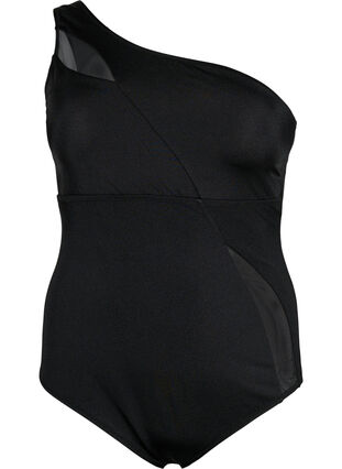 One-shoulder swimsuit with mesh details, Black, Packshot image number 0