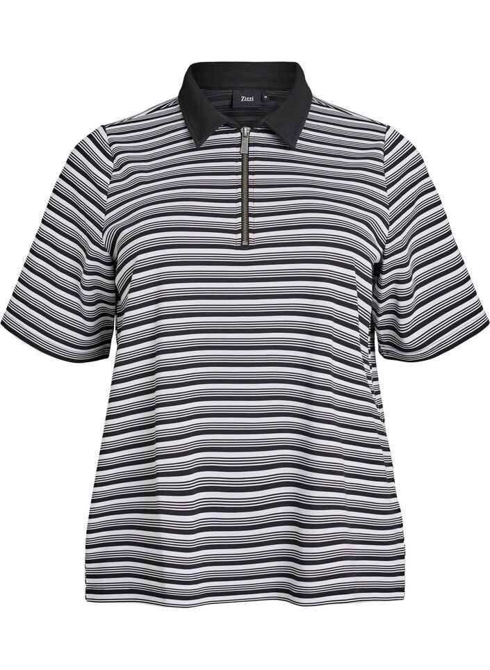 Striped polo shirt with short sleeves and zip, Black, Packshot image number 0