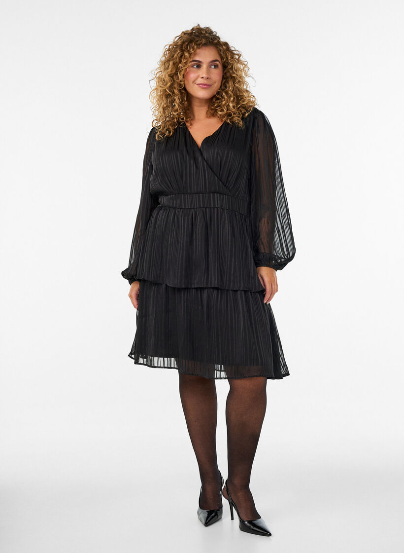 Knee-length dress with sheer stripes and wrap effect, Black, Model image number 1