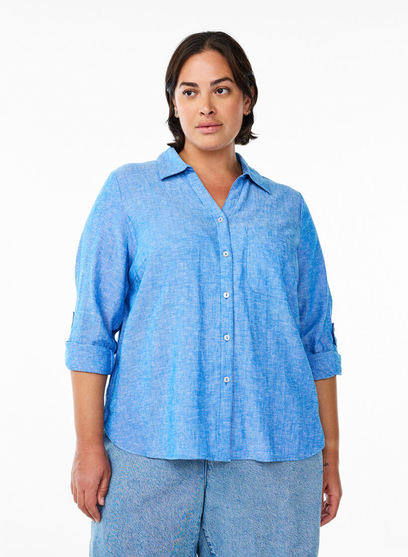 Shirt in linen and viscose with 3/4 sleeves, Blue, Model image number 0