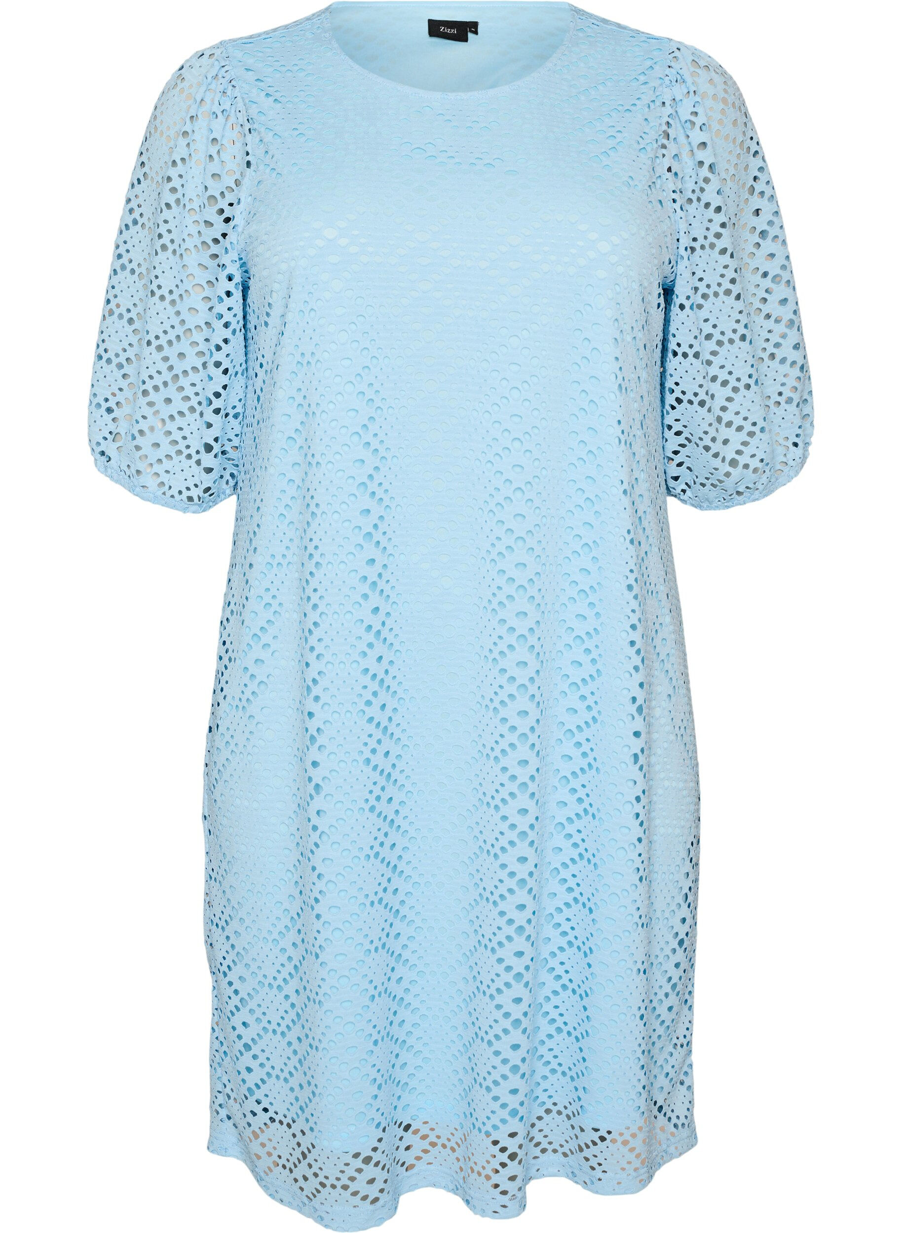 ZizzifashionKnee-length dress with eyelet pattern and short sleeves, Light Blue, Packshot image number 0