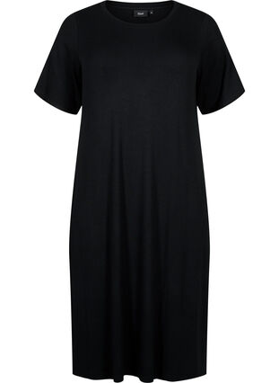 Short-sleeved midi dress in viscose rib quality, Black, Packshot image number 0