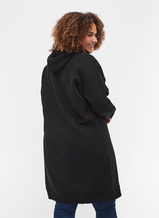 Cotton hoodie sweatshirt dress with text print, Black, Model image number 1