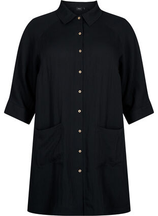 Long viscose shirt with pockets and 3/4 sleeves, Black, Packshot image number 0