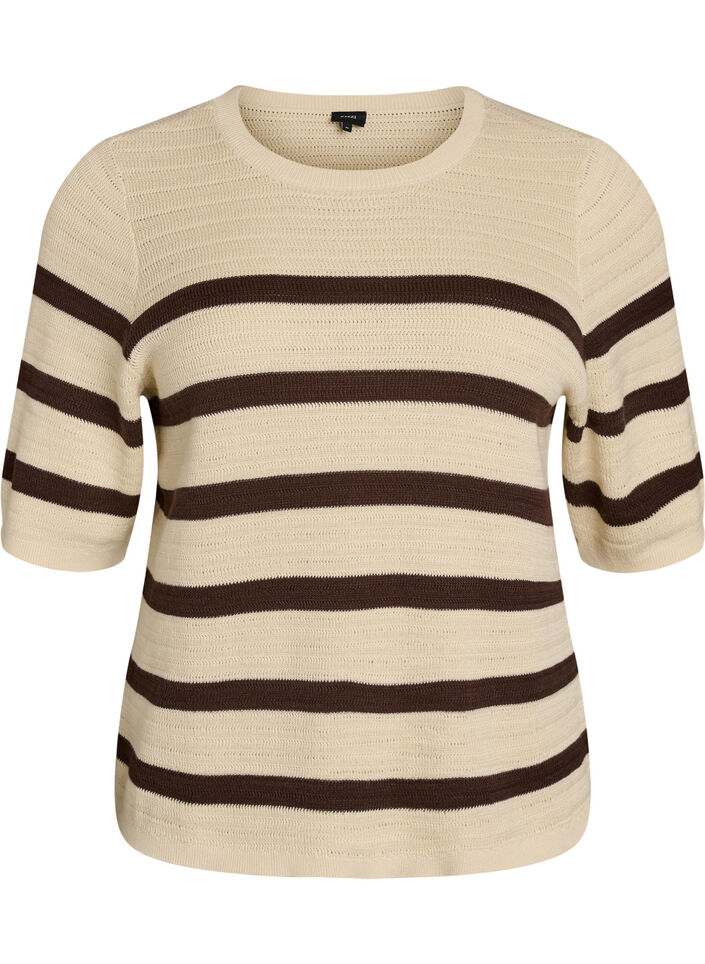 Knitted blouse with stripes and short sleeves, Vanilla, Packshot image number 0