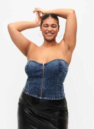 Denim corset top with zip, Blue denim, Model image number 2