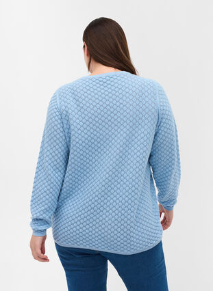 Patterned knitted blouse in organic cotton, Chambray Blue, Model image number 1