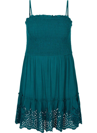 Viscose smock beach dress with embroidery anglaise, Deep Teal, Packshot image number 0
