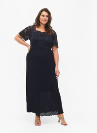 Short-sleeved maxi dress with pleats and lace, Night Sky, Model