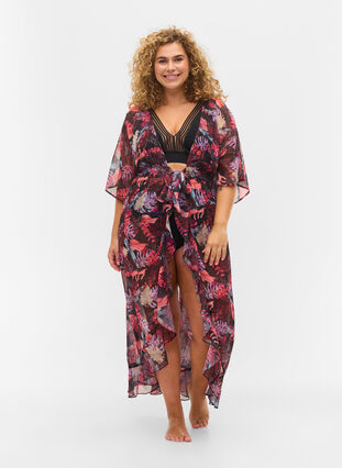 Beach kimono with print, Leaf AOP, Model image number 0
