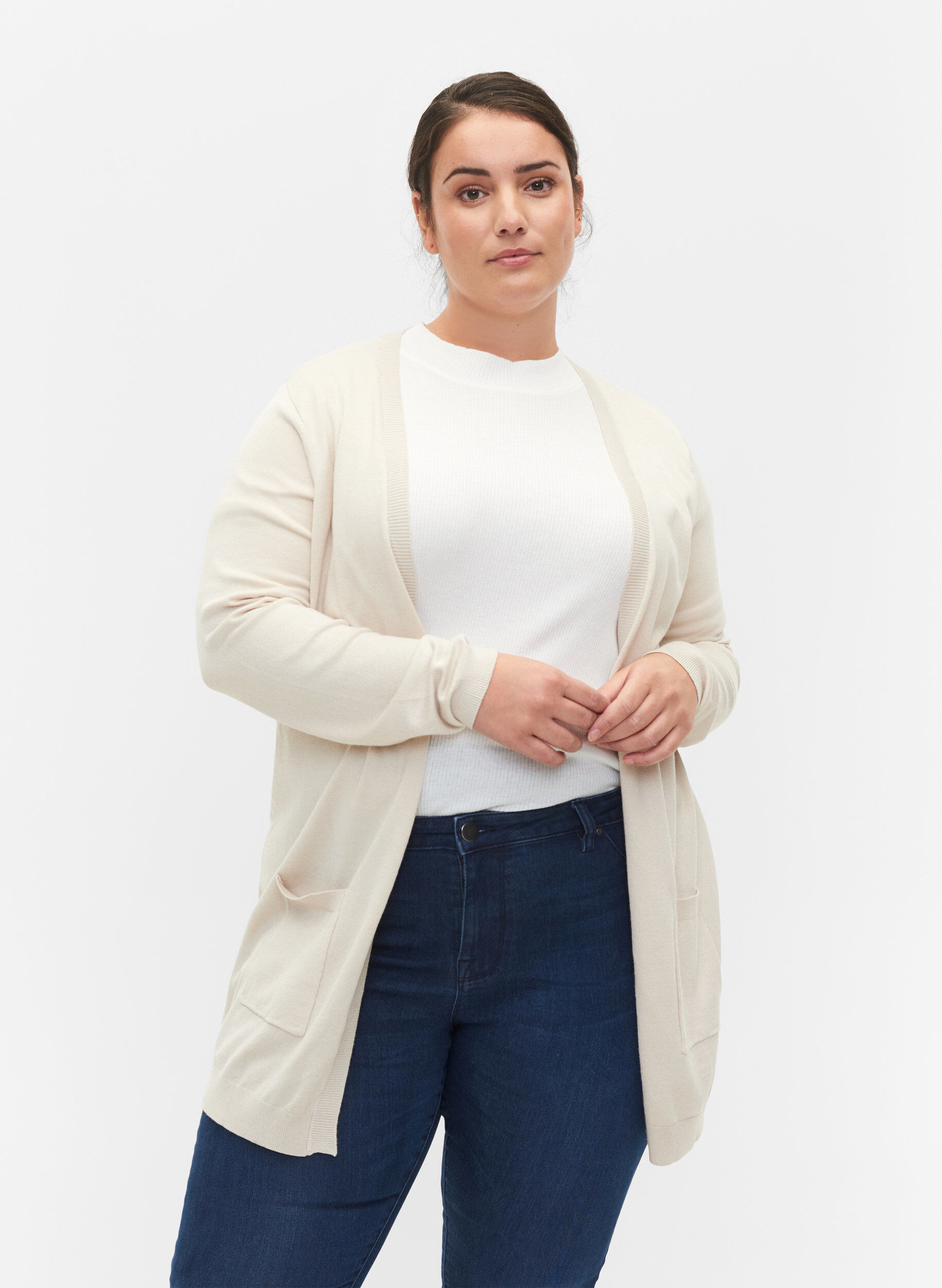 ZizzifashionLong knitted cardigan in a viscose blend, Beige, Model image number 0