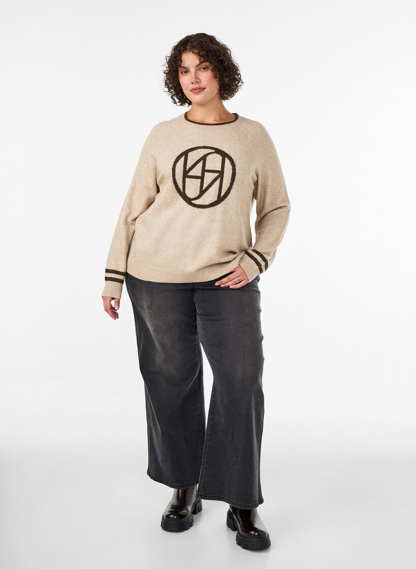 Jumper with logo and contrast stripes, Beige, Model image number 1