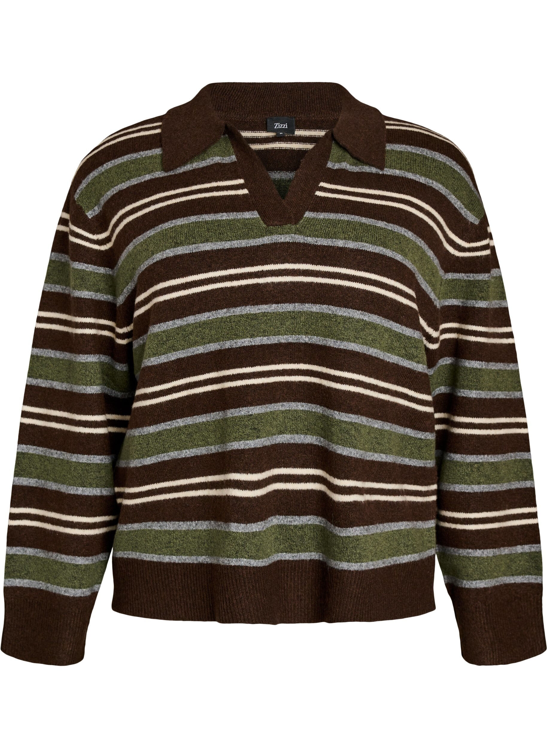 ZizzifashionKnitted blouse with stripes and polo collar, Brown, Packshot image number 0