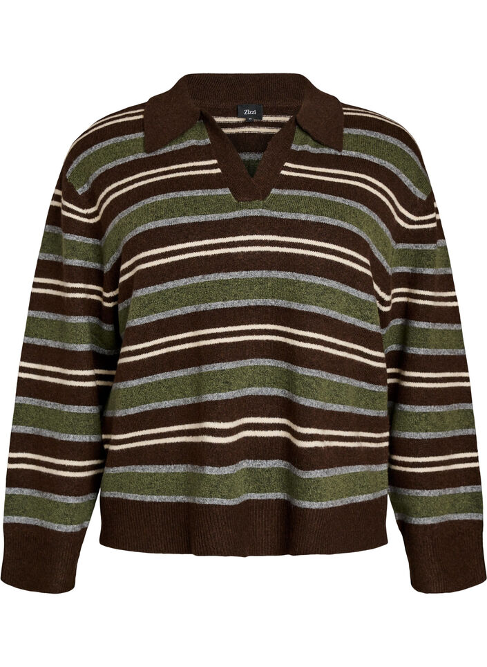 Knitted blouse with stripes and polo collar, Brown, Packshot image number 0