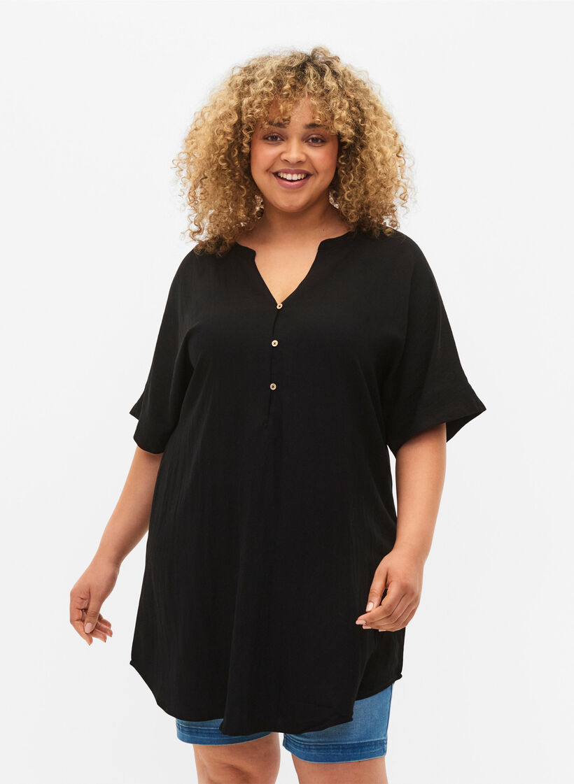 Short-sleeved viscose tunic, Black, Model image number 0