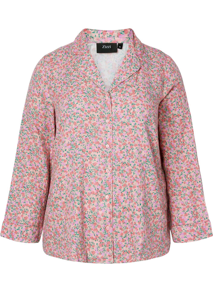 Cotton pyjama top with floral print, Powder Pink, Packshot image number 0