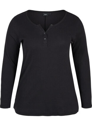 Long-sleeved blouse in ribbed fabric with buttons, Black, Packshot image number 0