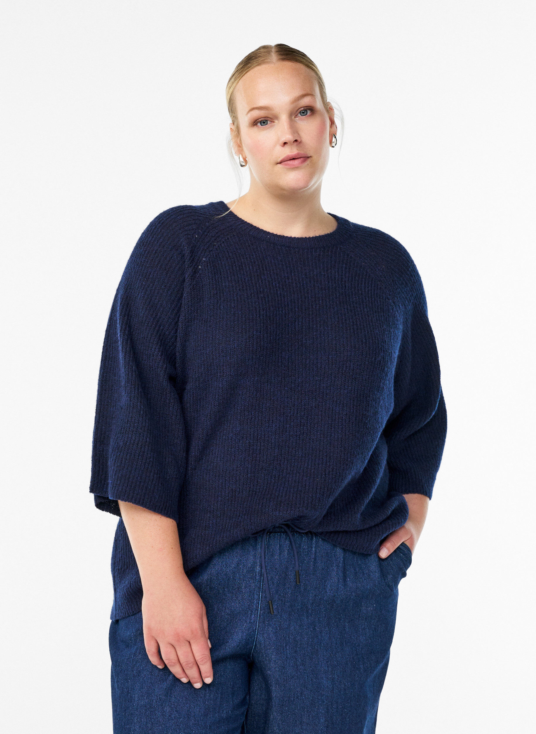 Ribbed jumper with 3/4 sleeves, Blue, Model
