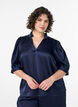 Satin-look blouse with 1/2 sleeves and a ruffle collar, Blue, Model image number 0