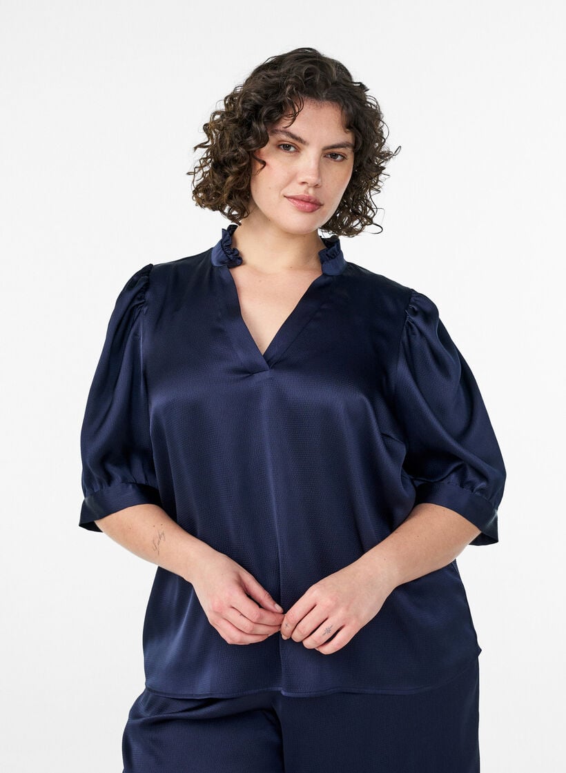 Satin-look blouse with 1/2 sleeves and a ruffle collar, Blue, Model image number 0
