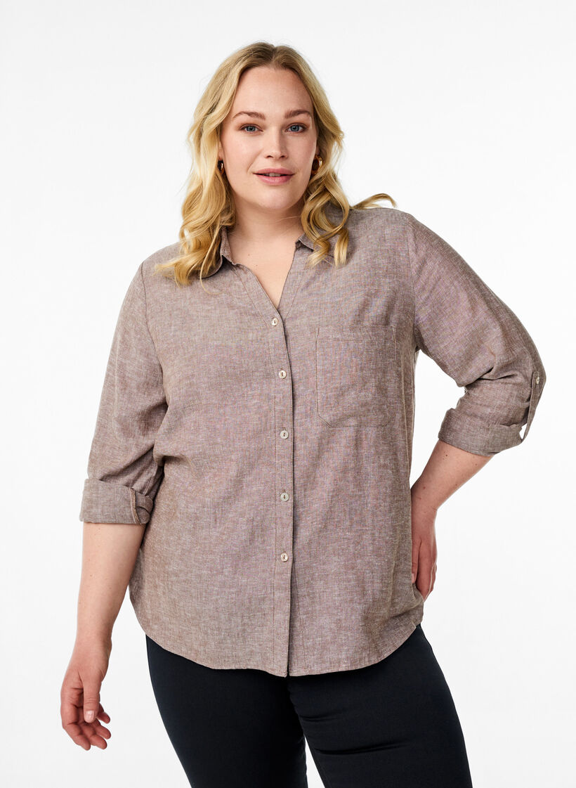 Shirt in linen and viscose with 3/4 sleeves, Brown, Model image number 0